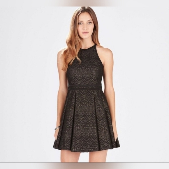 PARKER Black & Gold Geometrical Textured Print In Gold Black Flare Dress Size M - Picture 2 of 16